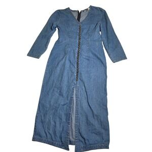 Vintage Sunshine Starshine Denim Maxi Dress W Blue Long Sleeve Button V-Neck